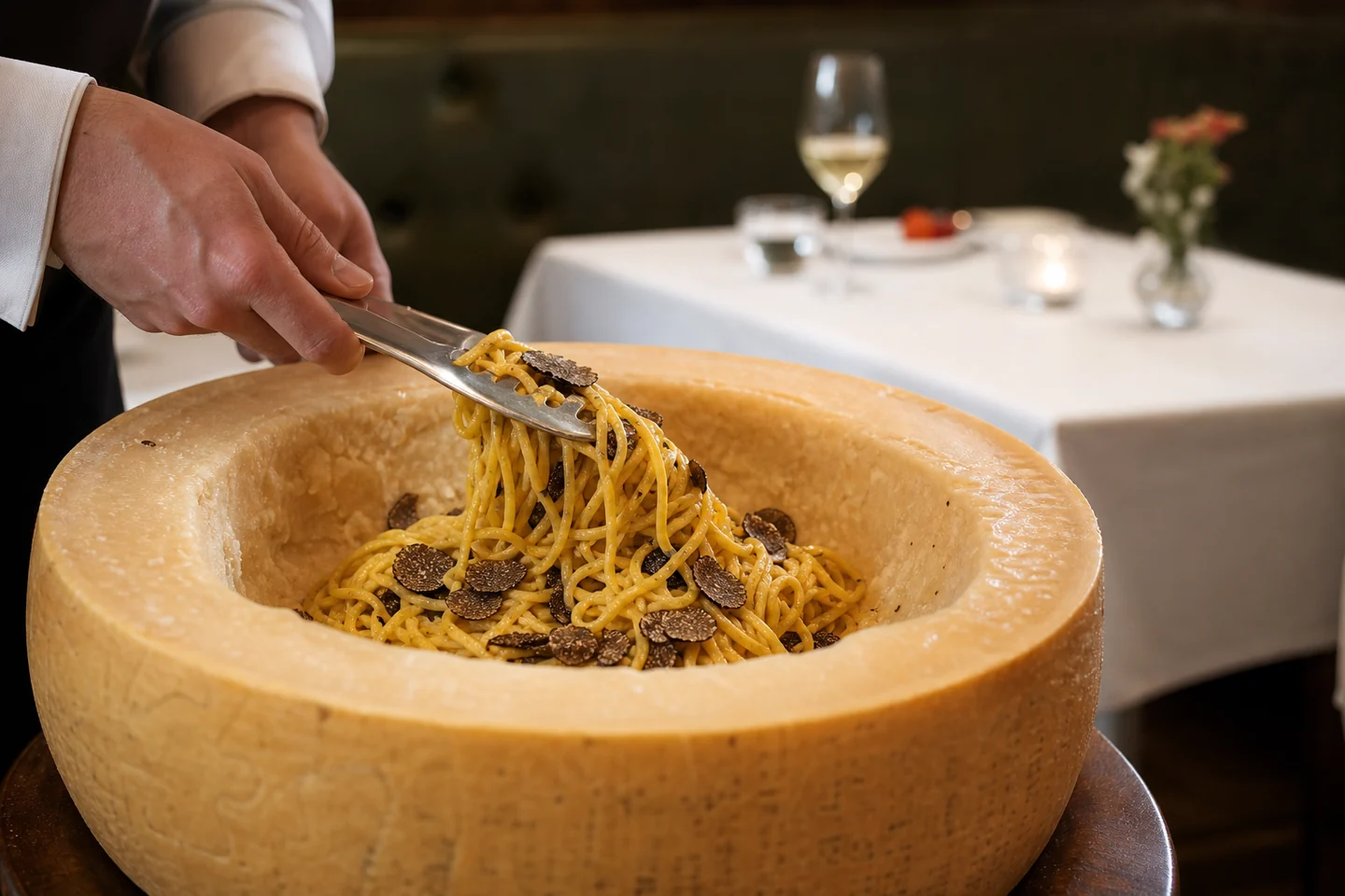 Tagliolini werden frisch in einem Parmesanlaib vollendet