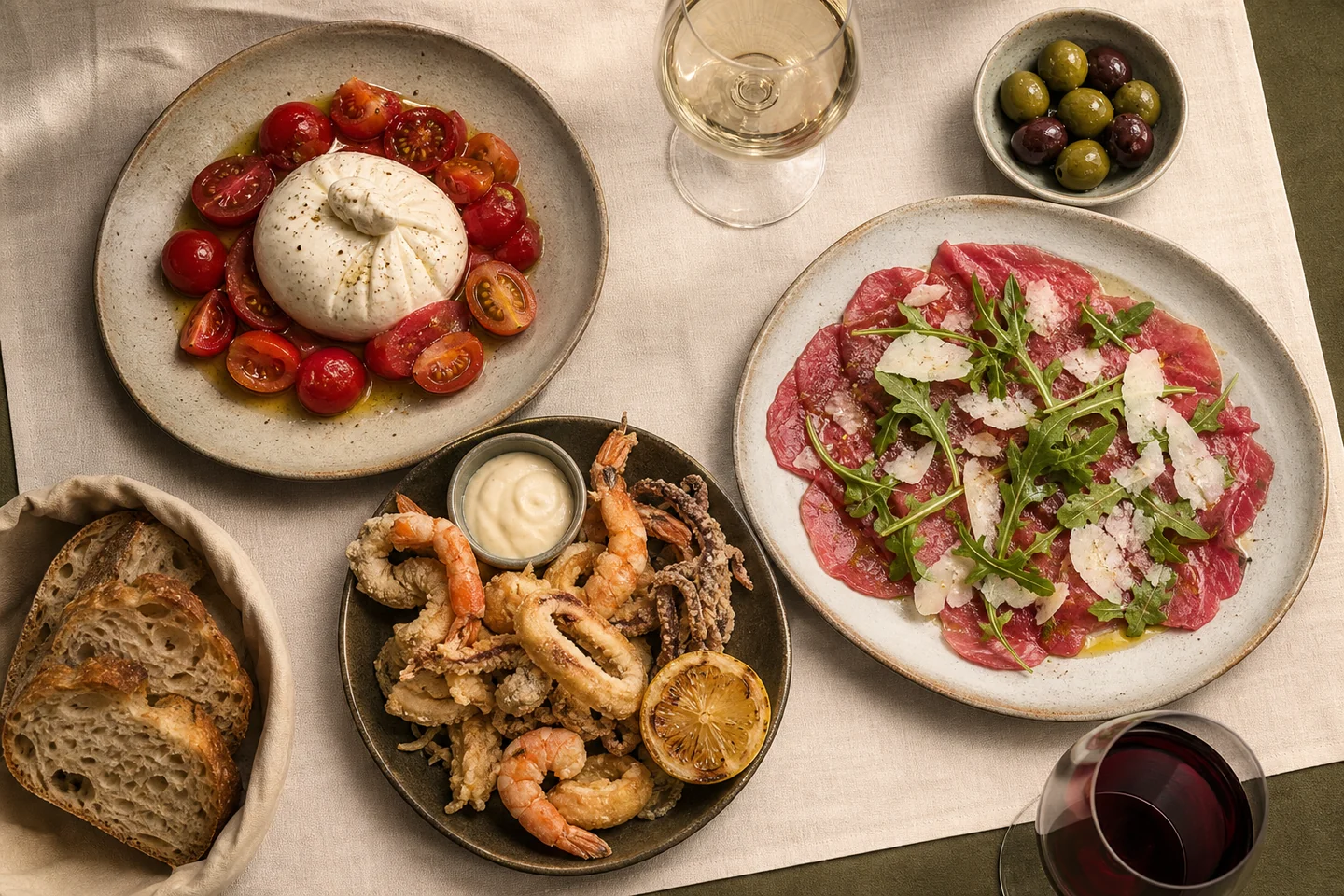 Italienische Antipasti mit Burrata, Carpaccio und Fritto Misto